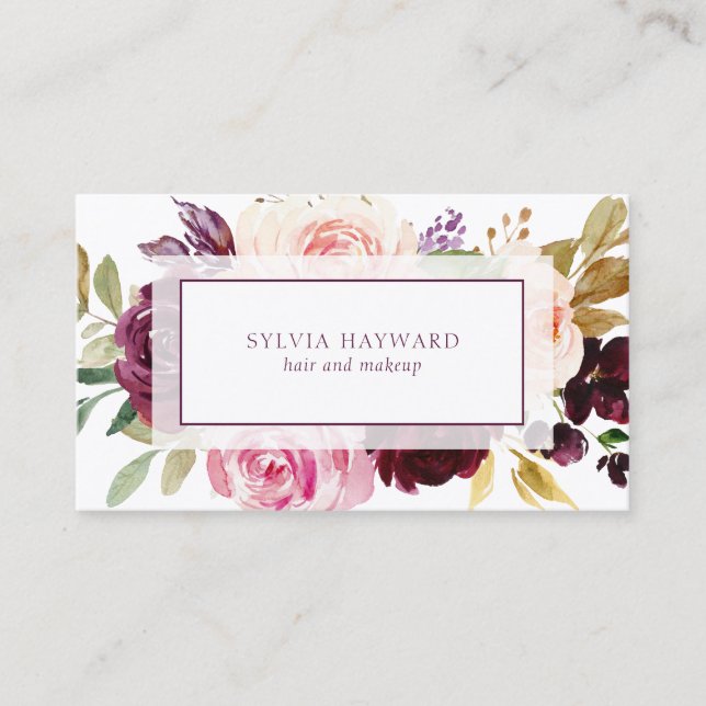 Elegant Watercolor Plum Purple Floral Business Card (Front)