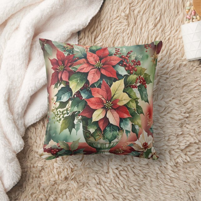 Elegant Watercolor Poinsettia Bouquet Cushion (Blanket)