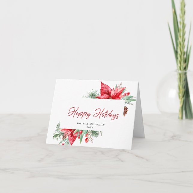 Elegant Watercolor Poinsettia Christmas Greeting Holiday Card (Front)