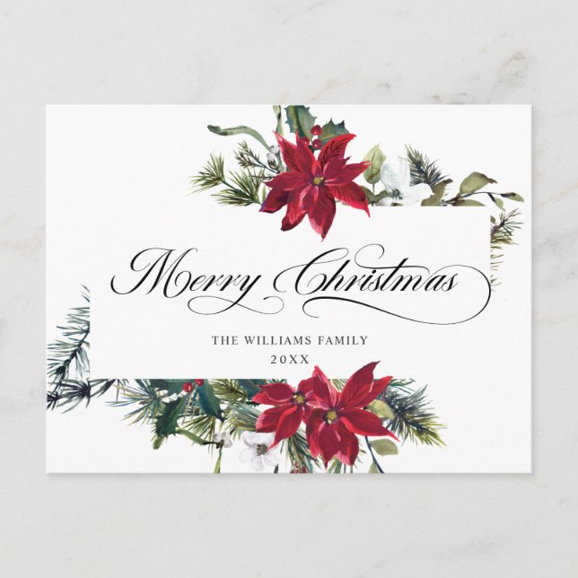 Elegant Watercolor Poinsettia Christmas Greeting Holiday Postcard (Front)