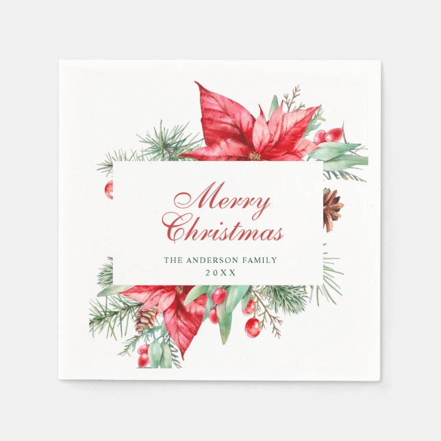 Elegant Watercolor Poinsettia Christmas Holiday Napkin (Front)