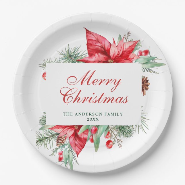 Elegant Watercolor Poinsettia Christmas Holiday Paper Plate (Front)