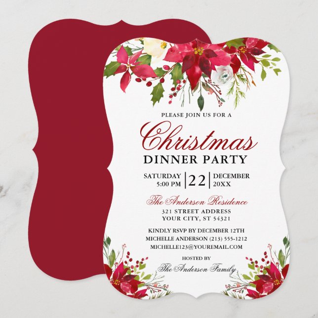 Elegant Watercolor Poinsettia Christmas Party Invitation (Front/Back)