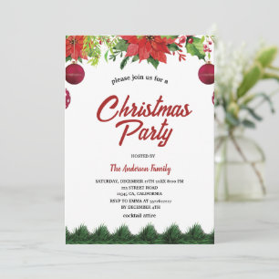 Elegant Watercolor Poinsettia Christmas Party Red  Invitation