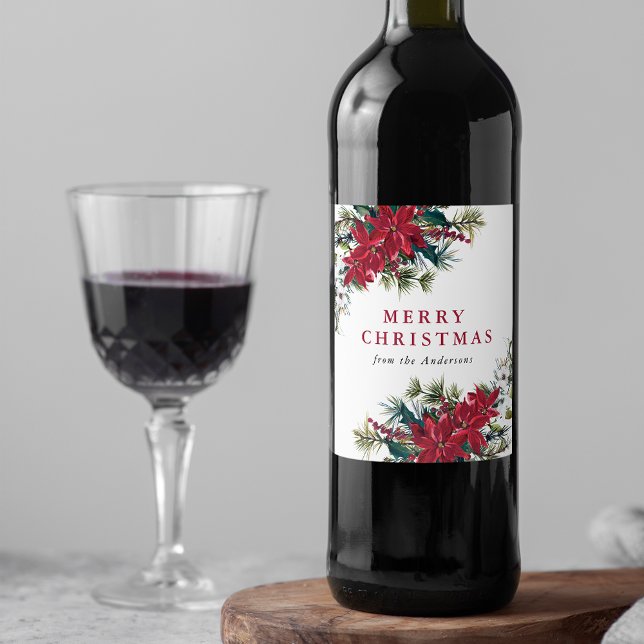 Elegant Watercolor Poinsettia Christmas Wine Label (Creator Uploaded)
