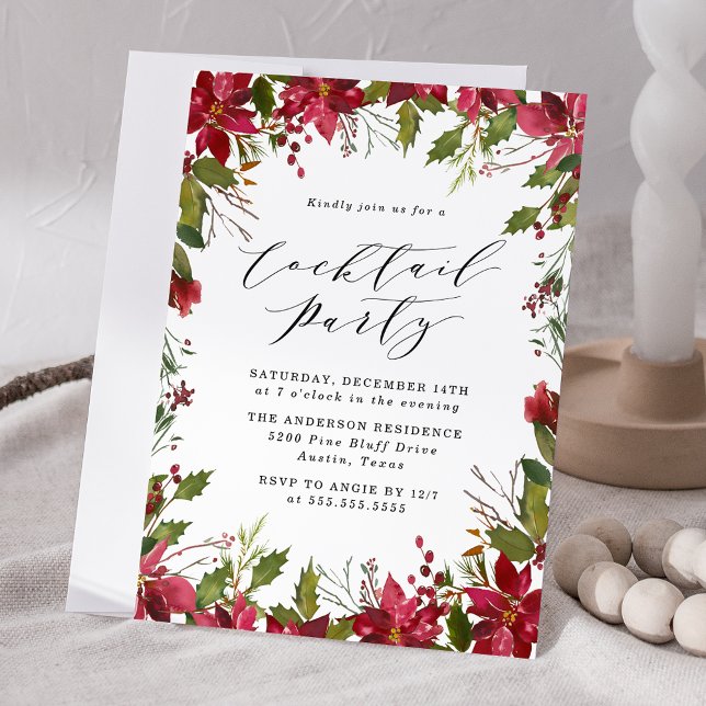 Elegant Watercolor Poinsettia Cocktail Party Invitation (Creator Uploaded)