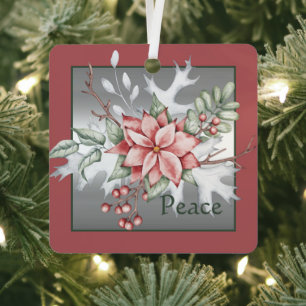 Elegant watercolor poinsettia custom Christmas  Metal Tree Decoration