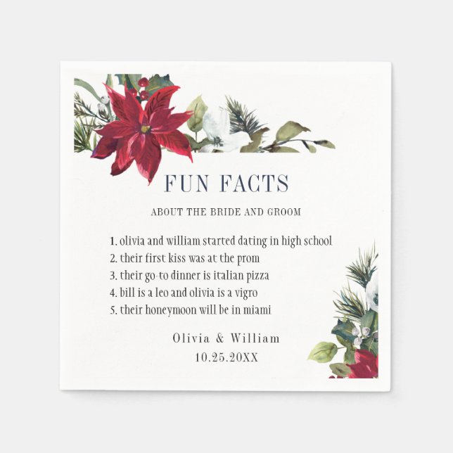 Elegant Watercolor Poinsettia FUN FACTS Wedding Napkin (Front)