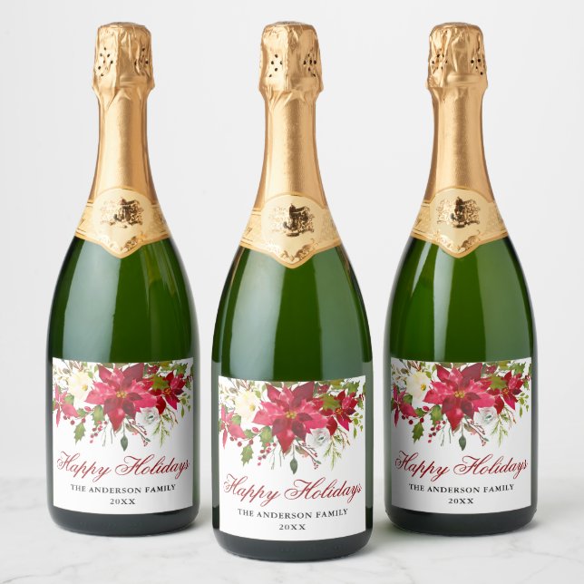 Elegant Watercolor Poinsettia Holiday Sparkling Wine Label (Bottles)
