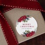 Elegant Watercolor Poinsettia Merry Christmas Classic Round Sticker<br><div class="desc">Add a personalised touch to your holiday envelopes and gift wrapping with our Elegant Watercolor Poinsettia holiday stickers. The stickers feature the words "Merry Christmas" in red text with your name below. Bouquets of watercolor poinsettia flowers, white flowers, pine needles, and holly adorn the corners. The poinsettia stickers are perfect...</div>