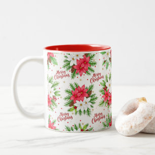 Elegant Watercolor Poinsettia Merry Christmas Two-Tone Coffee Mug