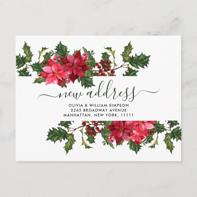 Elegant Watercolor Poinsettia Moving Announcement Postcard (Front)