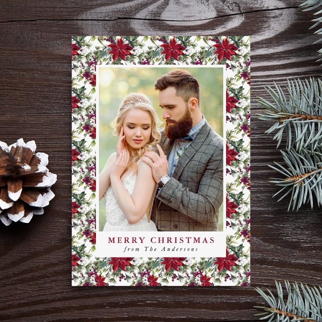 Elegant Watercolor Poinsettia Pattern Photo Holiday Card (Creator Uploaded)