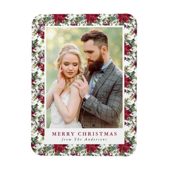 Elegant Watercolor Poinsettia Pattern Photo Magnet (Vertical)