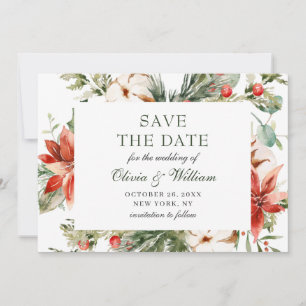 Elegant Watercolor Poinsettia Pine Branch Wedding Save The Date