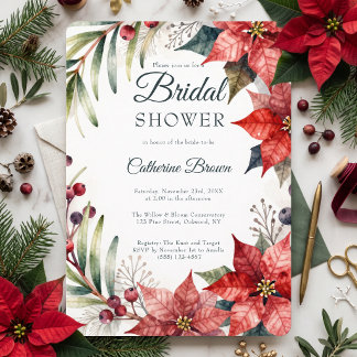 Elegant Watercolor Poinsettia Winter Bridal Shower Invitation