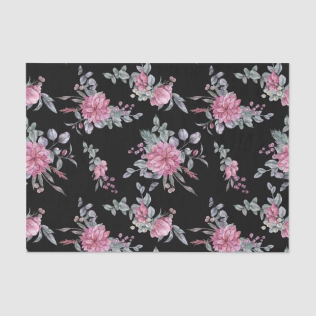 Elegant Watercolor Poinsettias on Black Background Tissue Paper (Front)