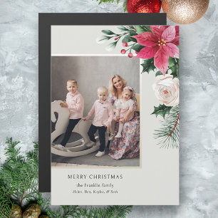 Elegant Watercolor Poinsettias & Roses Magnet Card