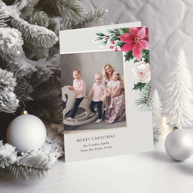 Elegant Watercolor Poinsettias, Roses & Pine Photo Holiday Card (Creator Uploaded)