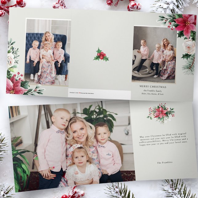Elegant Watercolor Poinsettias, Roses & Pine Photo Tri-Fold Card (Creator Uploaded)