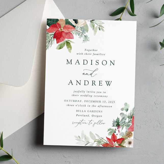 Elegant Watercolor Poinsettias Winter Wedding Invitation (Creator Uploaded)