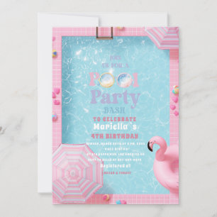 Elegant Watercolor Pool Party 4th Birthday Girl Invitation