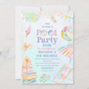 Elegant Watercolor Pool Party 6th Birthday Girl Invitation