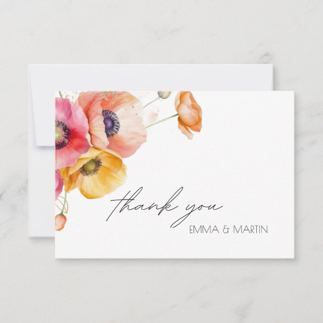 Elegant  Watercolor Poppies Floral Wedding Thank You Card (Front)