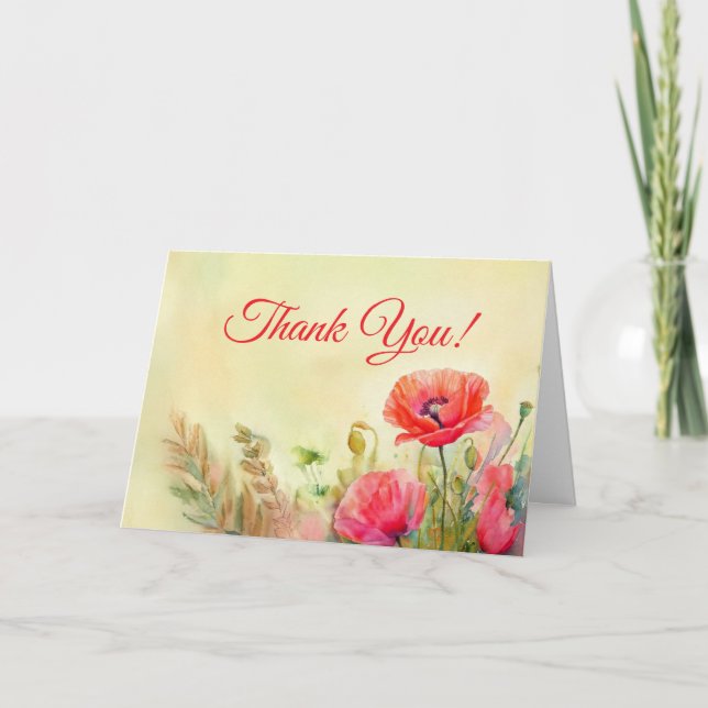 Elegant Watercolor poppies Thank You (Front)
