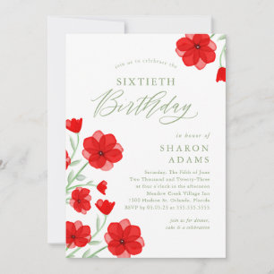Elegant Watercolor Poppy Floral 60th Birthday Invitation