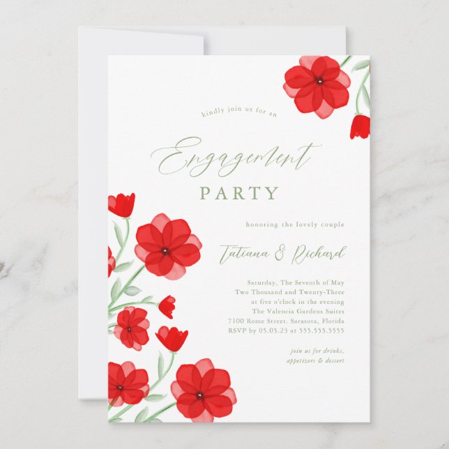 Elegant Watercolor Poppy Floral Engagement Party Invitation (Front)