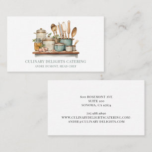 Elegant Watercolor Pots Utensils Chef Caterer Business Card