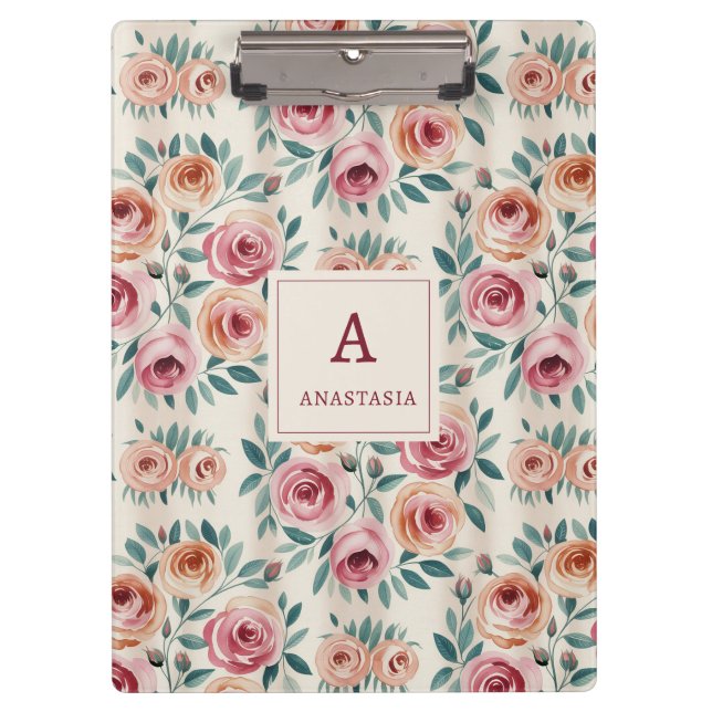 Elegant Watercolor Pretty Floral Monogram Clipboard (Front)