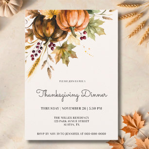 Elegant Watercolor Pumpkin Thanksgiving Dinner Invitation