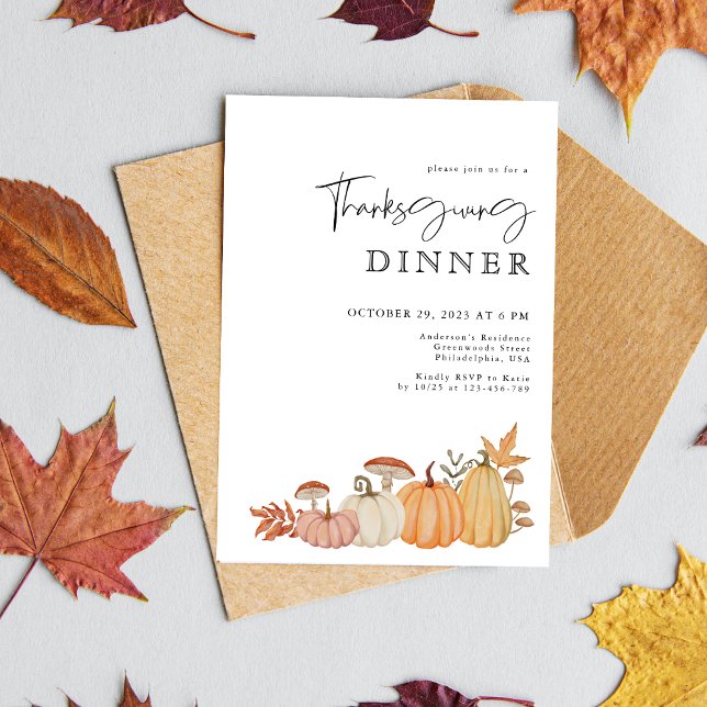 Elegant Watercolor Pumpkin Thanksgiving Dinner Invitation (Creator Uploaded)