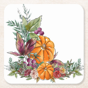 Elegant Watercolor Pumpkins Autumn Foliage Flowers Square Paper Coaster