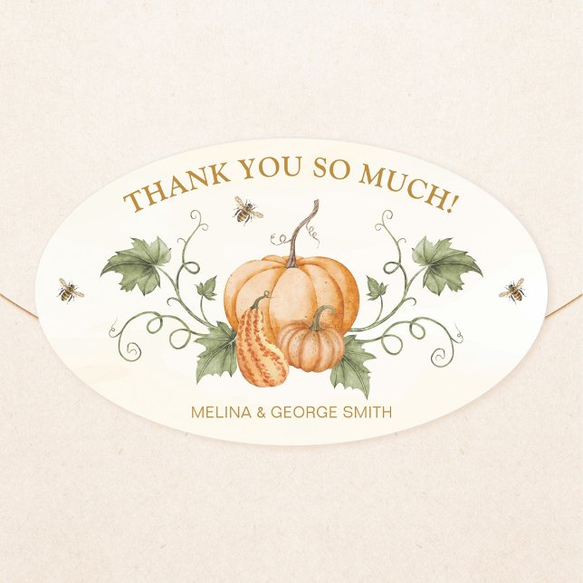 Elegant Watercolor Pumpkins et Bees Thank You Oval Sticker (Elegant, oval "Thank you" sticker featuring watercolor pumpkins with vines, leaves, bees and text.)