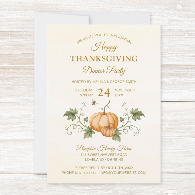 Elegant Watercolor Pumpkins et Bees Thanksgiving Invitation (Elegant watercolor Happy Thanksgiving invitation with handdrawn pumpkins, leaves. Back with QR code.)