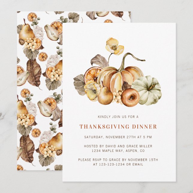 Elegant Watercolor Pumpkins Thanksgiving Dinner Invitation (Front/Back)