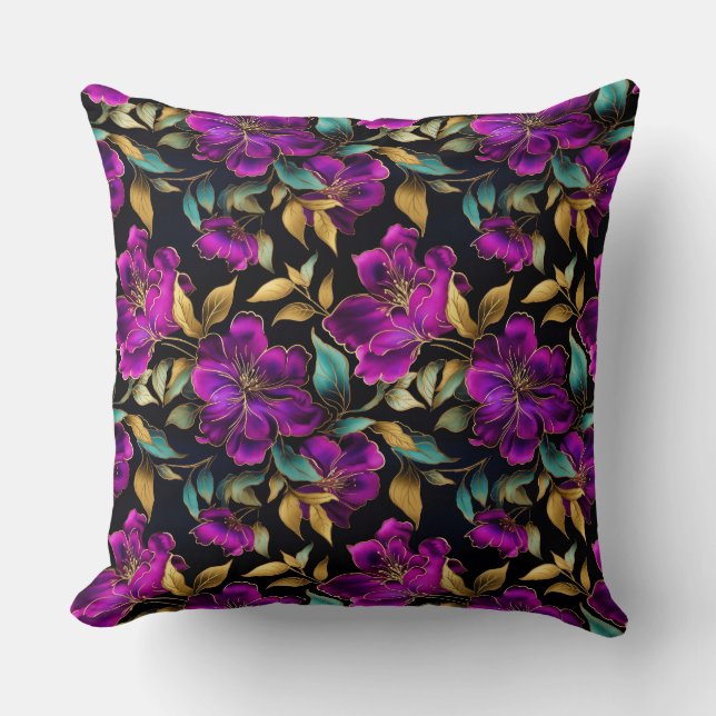Elegant Watercolor Purple and Teal Flowers Pattern Cushion (Front)