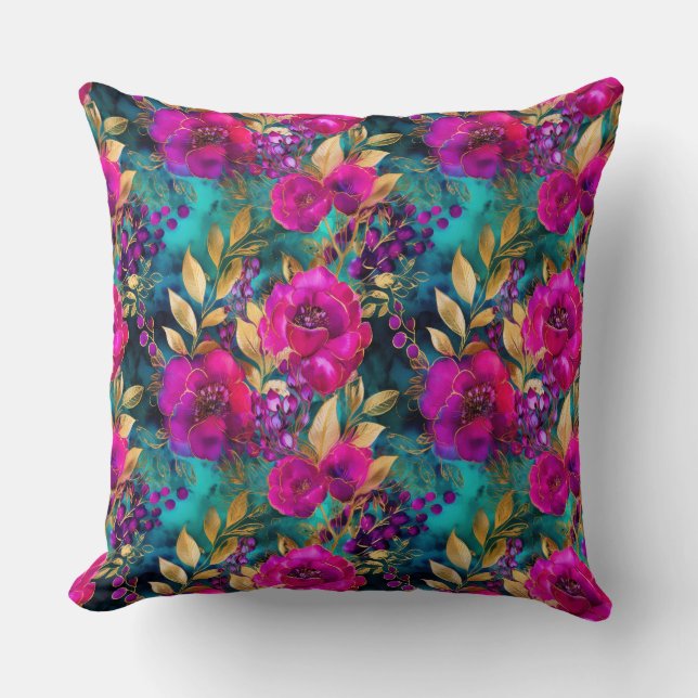 Elegant Watercolor Purple and Teal Flowers Pattern Cushion (Front)