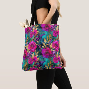 Elegant Watercolor Purple and Teal Flowers Pattern Tote Bag
