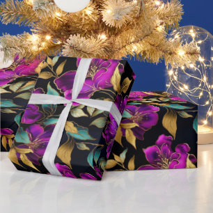 Elegant Watercolor Purple and Teal Flowers Pattern Wrapping Paper
