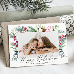 Elegant Watercolor Purple Berries & Greenery Photo Holiday Card