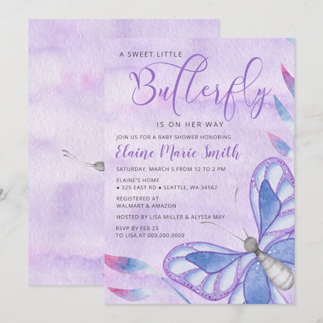 Elegant Watercolor Purple Butterfly Baby Shower  Invitation (Front/Back)