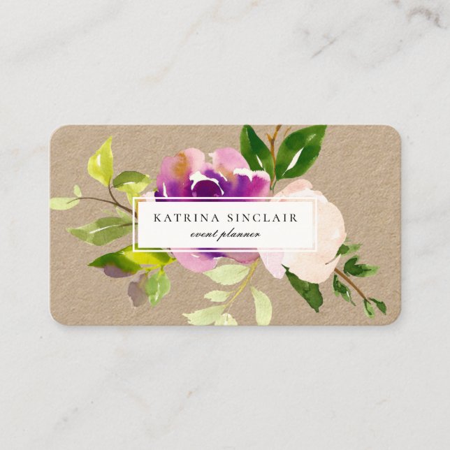 Elegant Watercolor Purple Cassis Floral Kraft Business Card (Front)