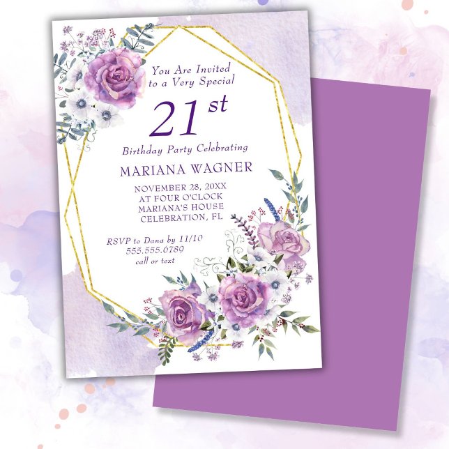 Elegant Watercolor Purple Floral 21st Birthday Invitation (Creator Uploaded)