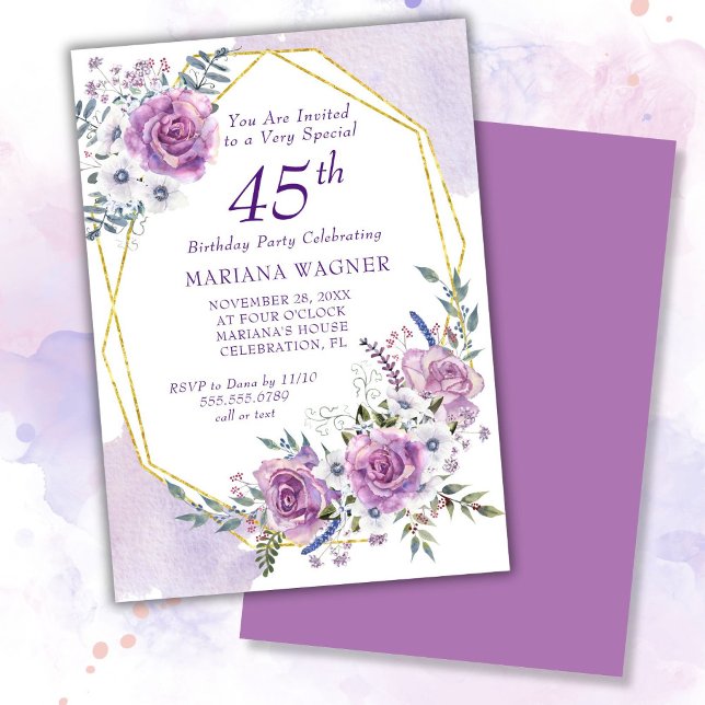 Elegant Watercolor Purple Floral 45th Birthday Invitation (Creator Uploaded)