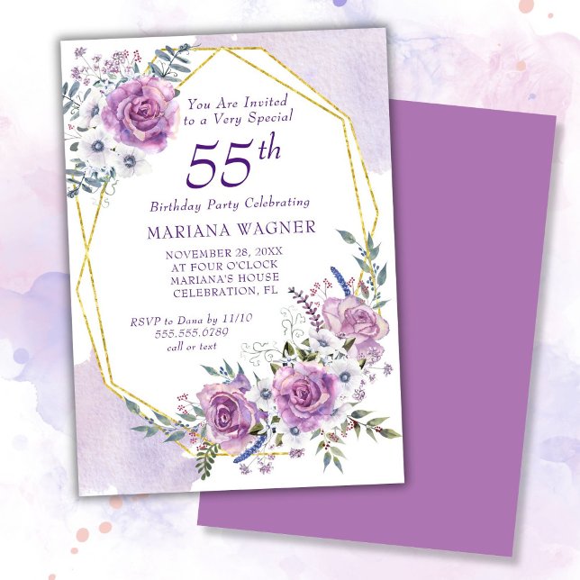 Elegant Watercolor Purple Floral 55th Birthday Invitation (Creator Uploaded)
