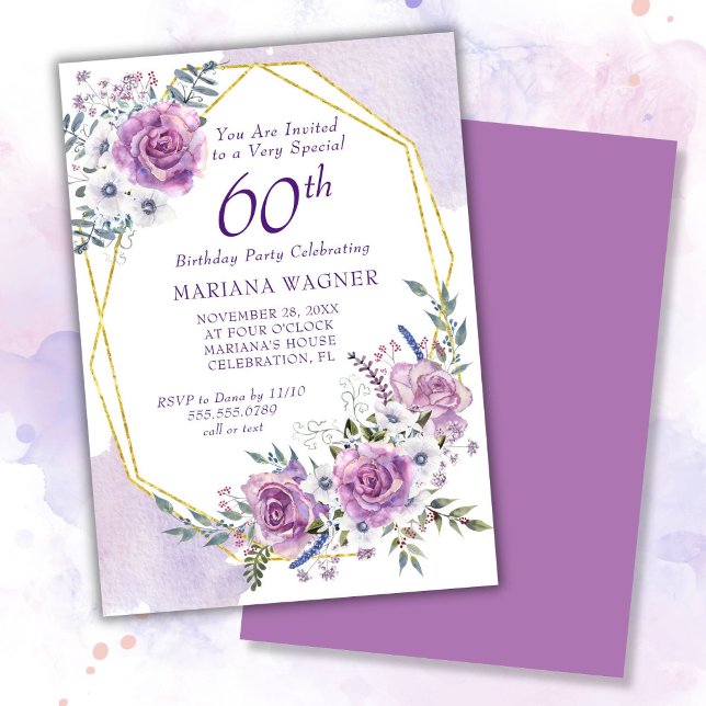 Elegant Watercolor Purple Floral 60th Birthday Invitation (Creator Uploaded)